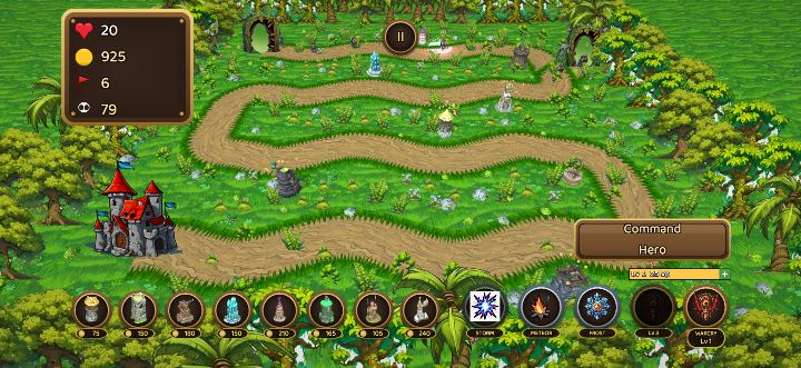Keepwarden in play: towers line a winding forest road leading to a red-roofed castle, with the tower and spell buttons along the bottom.
