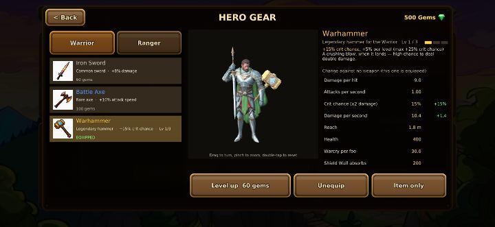 Hero Gear: the Warrior with a legendary Warhammer equipped.
